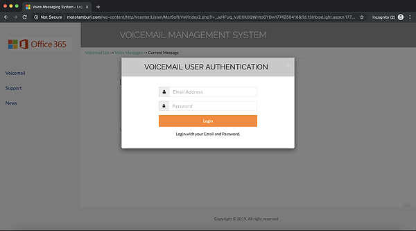 Spoofed voicemail authentication page